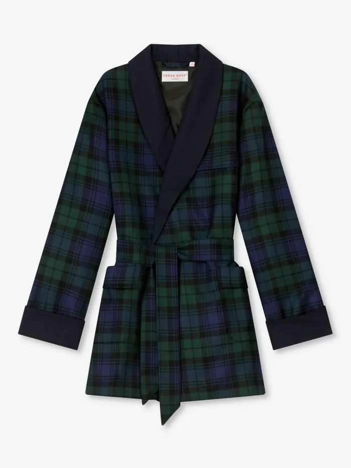 Smoking Jackets Men Derek Rose Smoking Jacket Tartan Wool Black Watch Navy