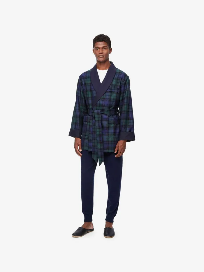 Smoking Jackets Men Derek Rose Smoking Jacket Tartan Wool Black Watch Navy