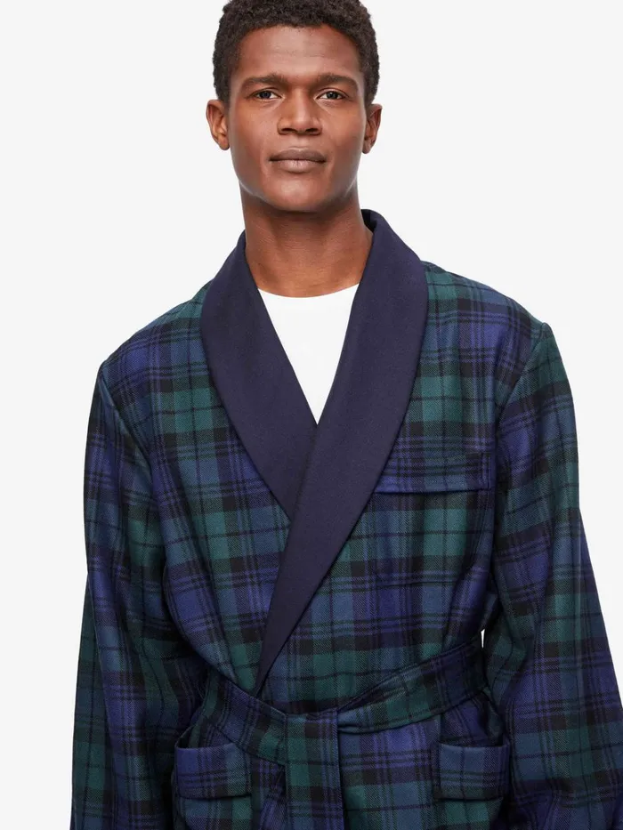 Smoking Jackets Men Derek Rose Smoking Jacket Tartan Wool Black Watch Navy