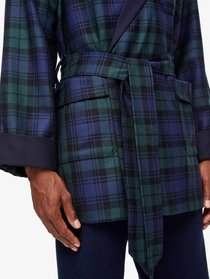 Smoking Jackets Men Derek Rose Smoking Jacket Tartan Wool Black Watch Navy
