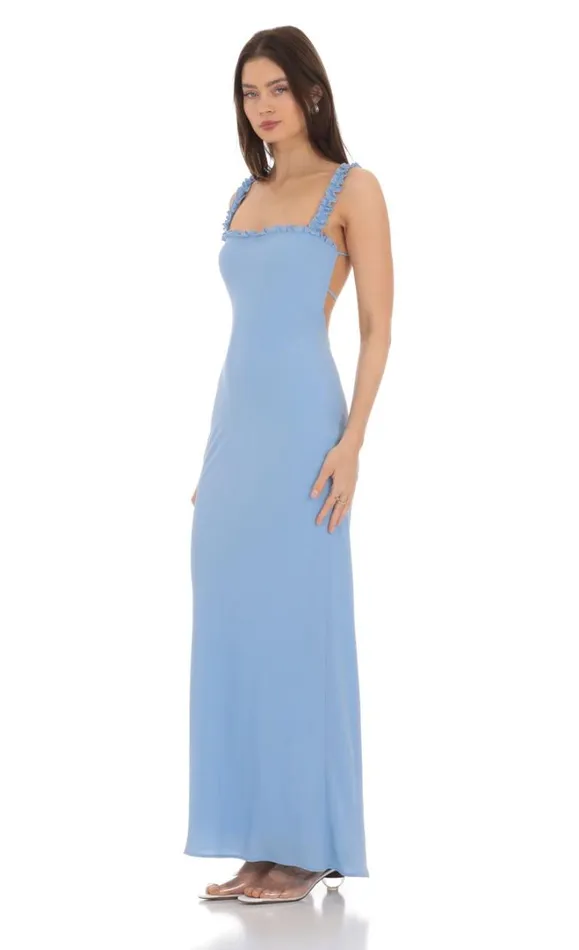 Square Neck Ruffle Strap Maxi Dress Blue Women LUCY IN THE SKY Maxi Dresses