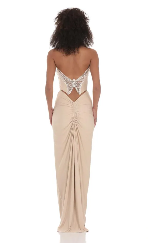 Strapless Corset Sequin Butterfly Maxi Dress Beige Women LUCY IN THE SKY Maxi Dresses