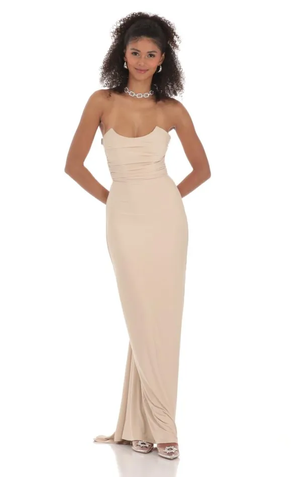 Strapless Corset Sequin Butterfly Maxi Dress Beige Women LUCY IN THE SKY Maxi Dresses