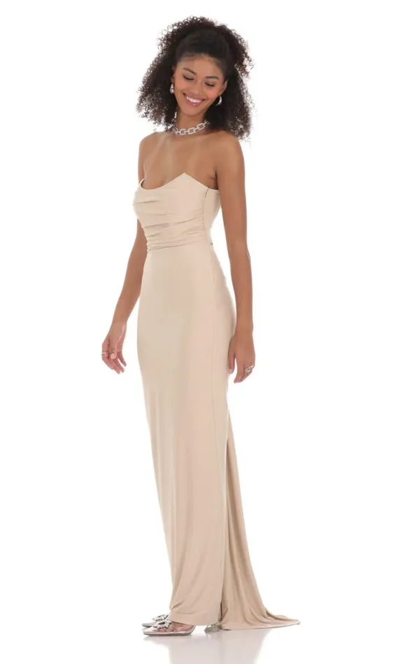 Strapless Corset Sequin Butterfly Maxi Dress Beige Women LUCY IN THE SKY Maxi Dresses