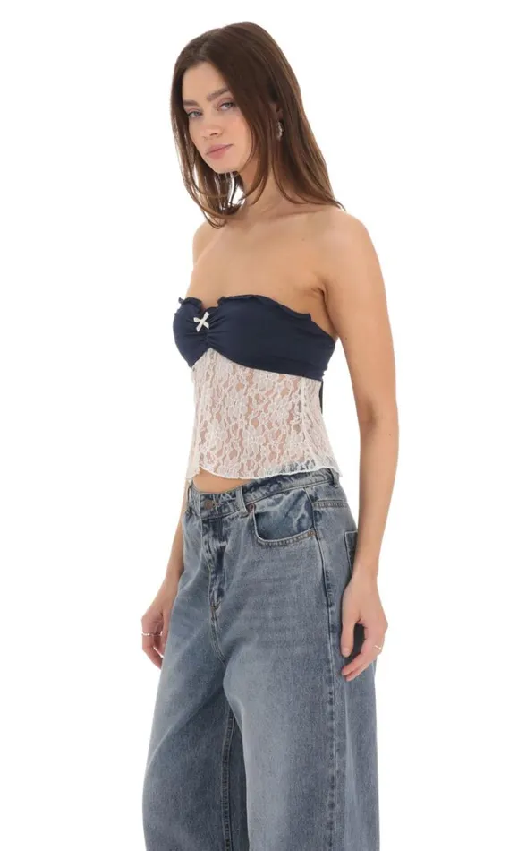 Strapless Lace Top Navy Women LUCY IN THE SKY Tops