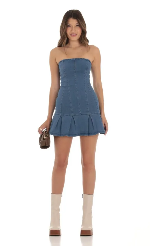 Strapless Pleated Dress Denim Women LUCY IN THE SKY Mini Dresses