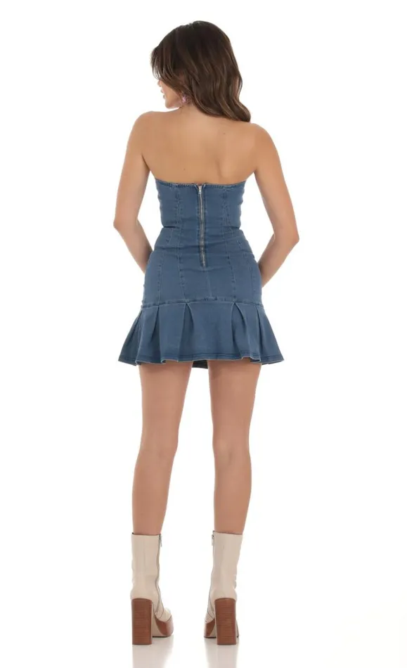 Strapless Pleated Dress Denim Women LUCY IN THE SKY Mini Dresses Strapless Pleated Dress Denim Women LUCY IN THE SKY Mini Dresses