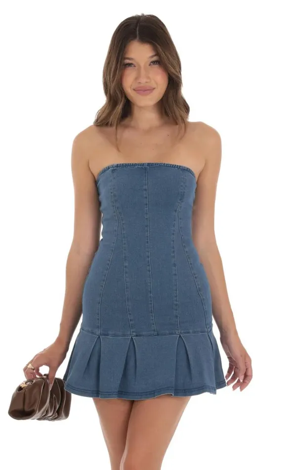 Strapless Pleated Dress Denim Women LUCY IN THE SKY Mini Dresses Strapless Pleated Dress Denim Women LUCY IN THE SKY Mini Dresses
