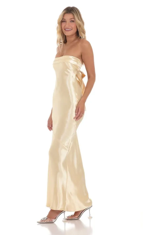 Strapless Satin Open Back Maxi Dress Gold Women LUCY IN THE SKY Maxi Dresses