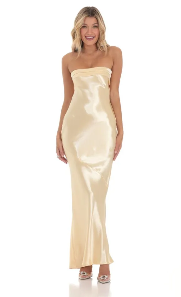 Strapless Satin Open Back Maxi Dress Gold Women LUCY IN THE SKY Maxi Dresses