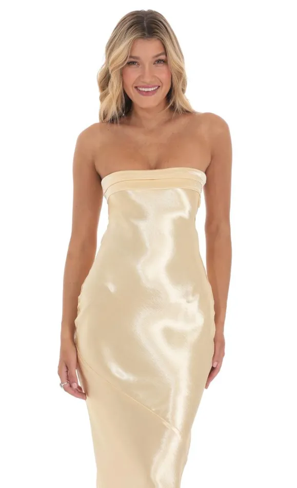 Strapless Satin Open Back Maxi Dress Gold Women LUCY IN THE SKY Maxi Dresses
