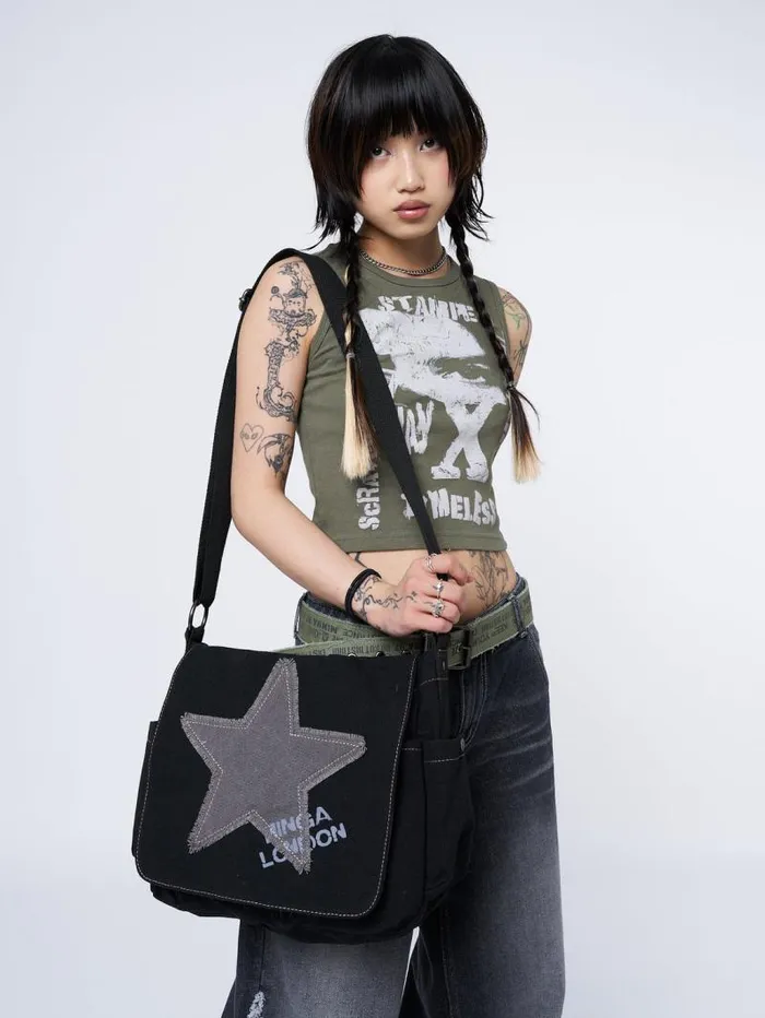 Super Star Black Canvas Messenger Bag Women Minga London Bags