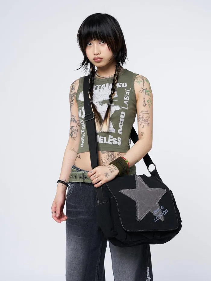 Super Star Black Canvas Messenger Bag Women Minga London Bags