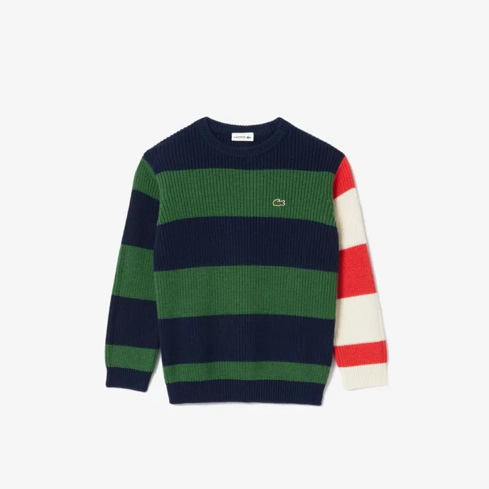 Sweaters and Sweatshirts Kids Lacoste Kids039 Contrast Sleeve Striped Sweater Navy Blue Green White Orange Nui