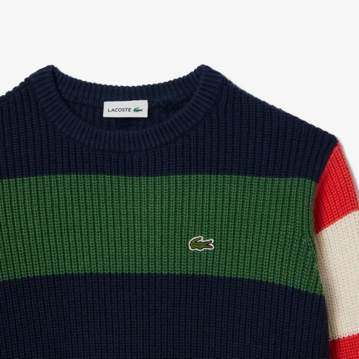 Sweaters and Sweatshirts Kids Lacoste Kids039 Contrast Sleeve Striped Sweater Navy Blue Green White Orange Nui