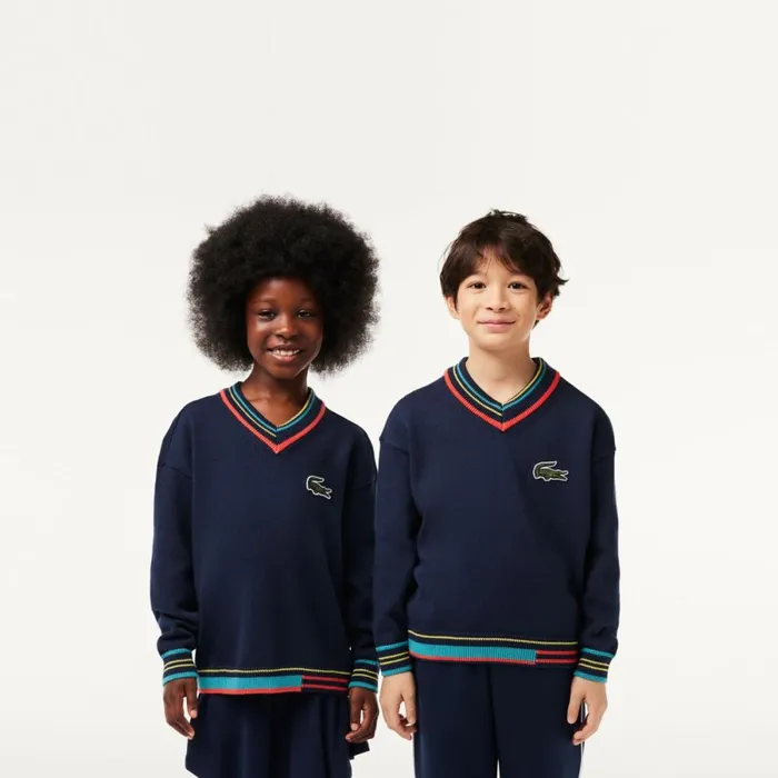 Sweaters and Sweatshirts Kids Lacoste Kids039 Cotton And Wool Blend VNeck Sweater Navy Blue White Qrn