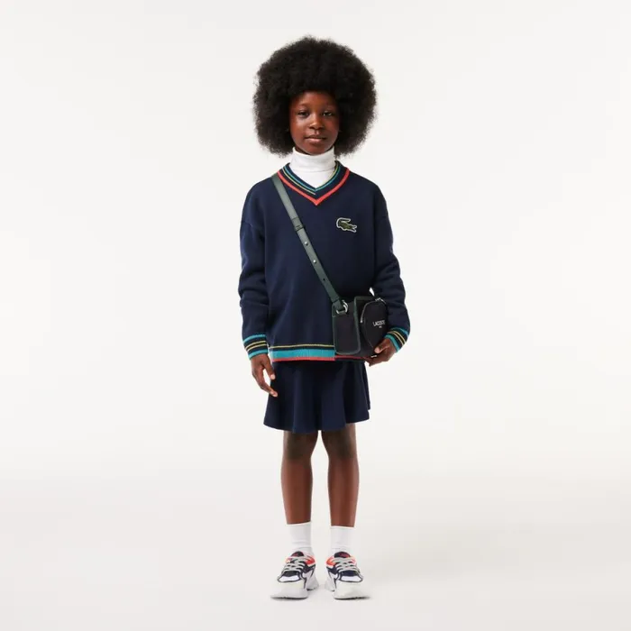 Sweaters and Sweatshirts Kids Lacoste Kids039 Cotton And Wool Blend VNeck Sweater Navy Blue White Qrn
