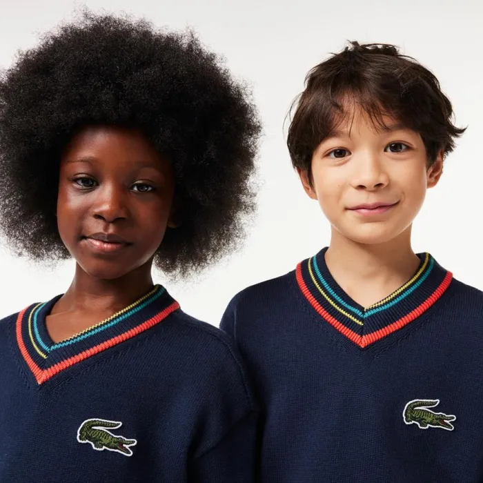 Sweaters and Sweatshirts Kids Lacoste Kids039 Cotton And Wool Blend VNeck Sweater Navy Blue White Qrn
