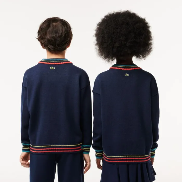 Sweaters and Sweatshirts Kids Lacoste Kids039 Cotton And Wool Blend VNeck Sweater Navy Blue White Qrn