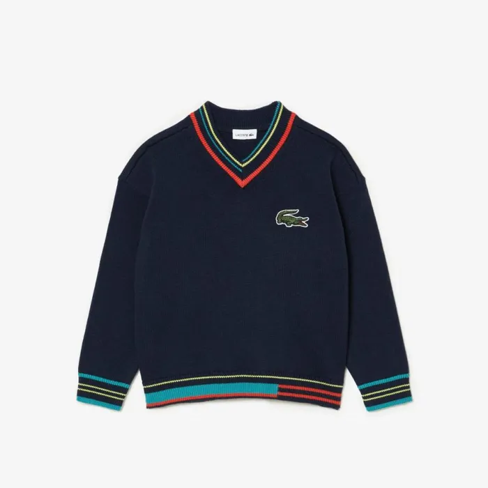 Sweaters and Sweatshirts Kids Lacoste Kids039 Cotton And Wool Blend VNeck Sweater Navy Blue White Qrn