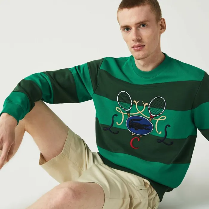 Sweaters and Sweatshirts Men Lacoste Men039s Tennis Design Crew Neck Striped Cotton Fleece Sweatshirt Green Cwd