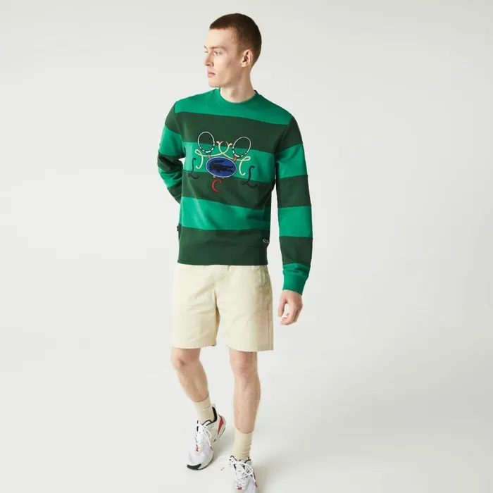 Sweaters and Sweatshirts Men Lacoste Men039s Tennis Design Crew Neck Striped Cotton Fleece Sweatshirt Green Cwd