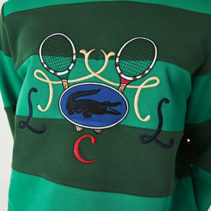 Sweaters and Sweatshirts Men Lacoste Men039s Tennis Design Crew Neck Striped Cotton Fleece Sweatshirt Green Cwd