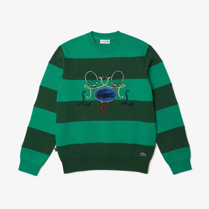 Sweaters and Sweatshirts Men Lacoste Men039s Tennis Design Crew Neck Striped Cotton Fleece Sweatshirt Green Cwd