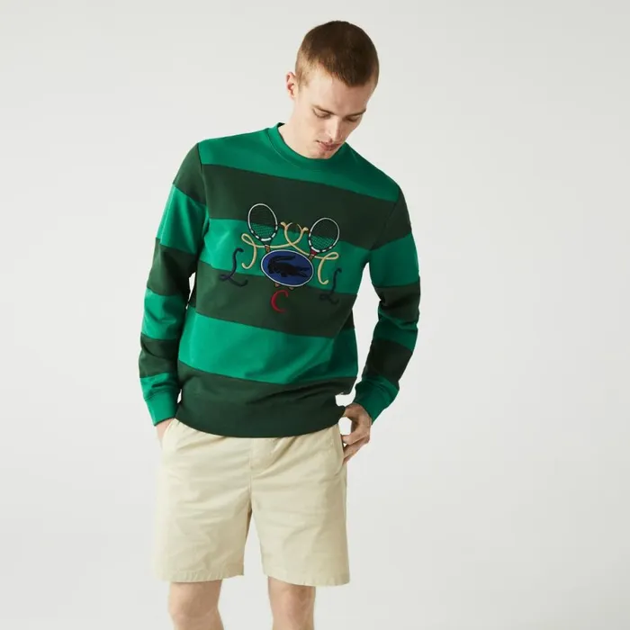 Sweaters and Sweatshirts Men Lacoste Men039s Tennis Design Crew Neck Striped Cotton Fleece Sweatshirt Green Cwd