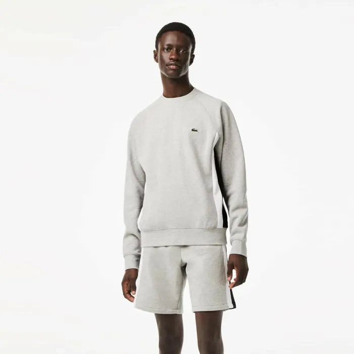 Sweaters and Sweatshirts Men Lacoste Mens Brushed Fleece Colorblock Sweatshirt Grey Chine Black White Sj1