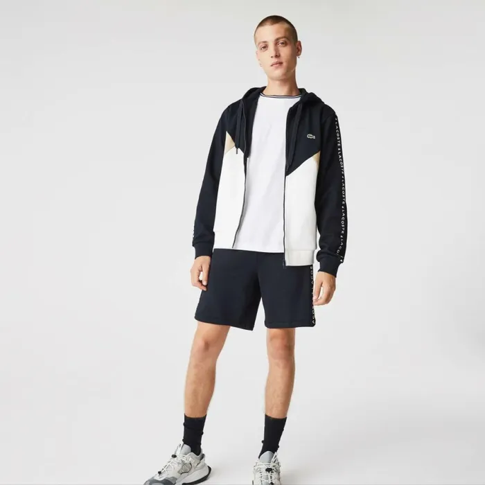 Sweaters and Sweatshirts Men Lacoste Mens Colorblock Lettered Fleece ZipUp Hoodie Navy Blue White Beige E8t