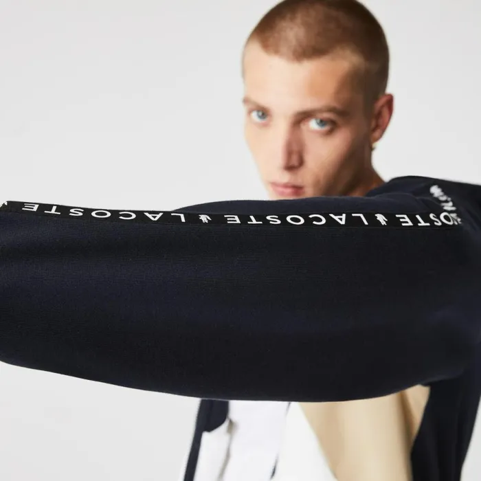 Sweaters and Sweatshirts Men Lacoste Mens Colorblock Lettered Fleece ZipUp Hoodie Navy Blue White Beige E8t