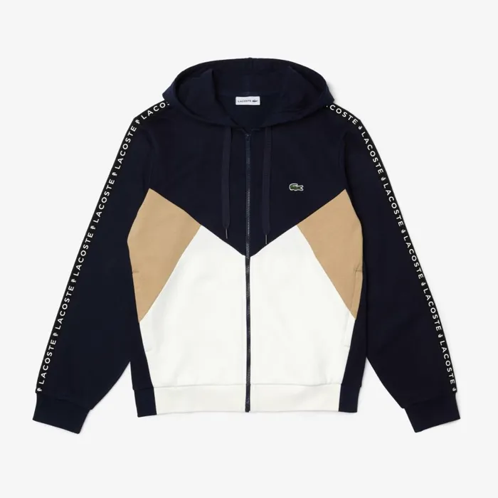 Sweaters and Sweatshirts Men Lacoste Mens Colorblock Lettered Fleece ZipUp Hoodie Navy Blue White Beige E8t