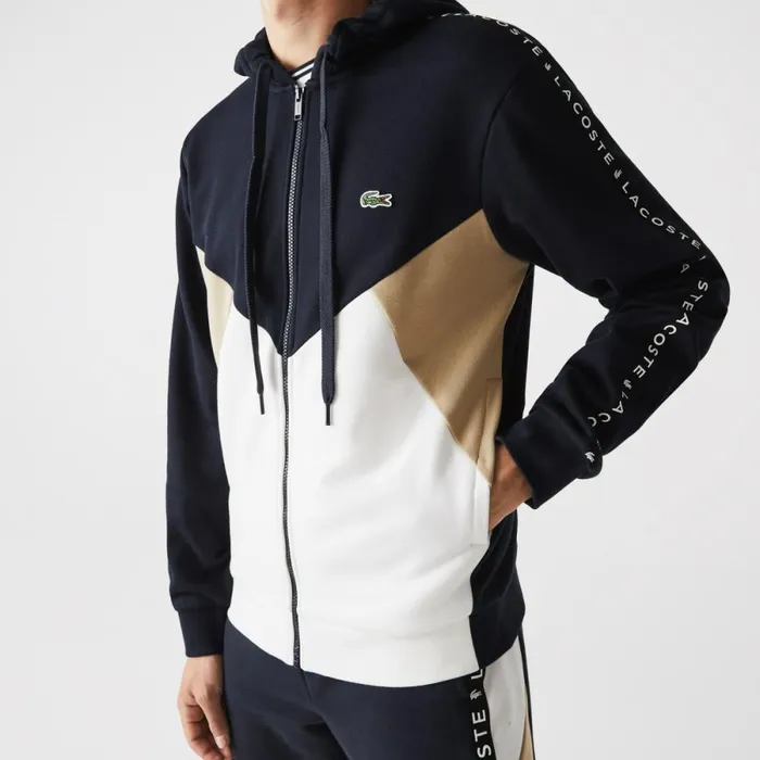 Sweaters and Sweatshirts Men Lacoste Mens Colorblock Lettered Fleece ZipUp Hoodie Navy Blue White Beige E8t