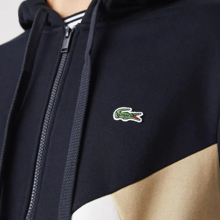 Sweaters and Sweatshirts Men Lacoste Mens Colorblock Lettered Fleece ZipUp Hoodie Navy Blue White Beige E8t