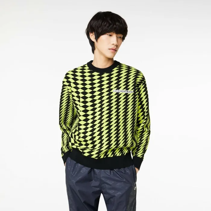 Sweaters and Sweatshirts Men Lacoste Mens Relaxed Fit Jacquard Sweater Black Yellow 9y2