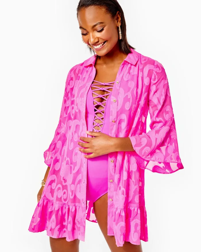 Swim Women Lilly Pulitzer Linley Coverup Plumeria Pink Poly Crepe Swirl Clip