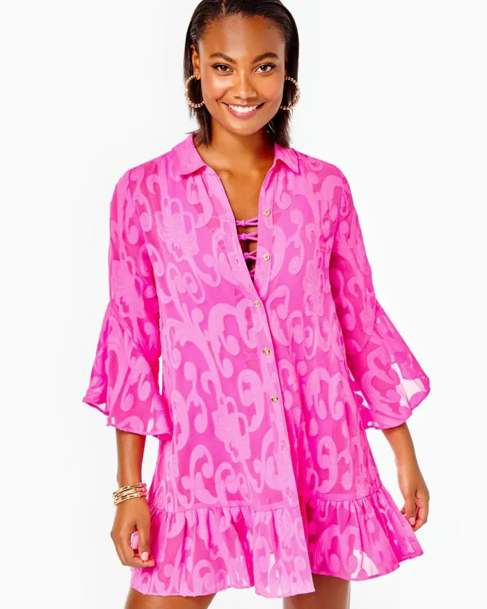 Swim Women Lilly Pulitzer Linley Coverup Plumeria Pink Poly Crepe Swirl Clip