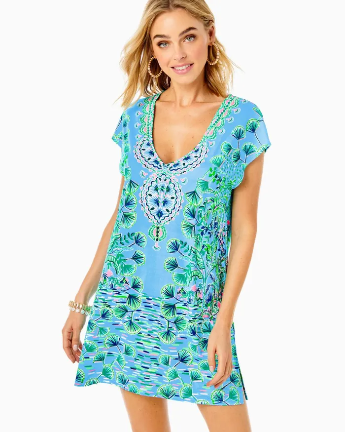 Swim Women Lilly Pulitzer Talli CoverUp Frenchie Blue Mosaic Shells Engineered Coverup