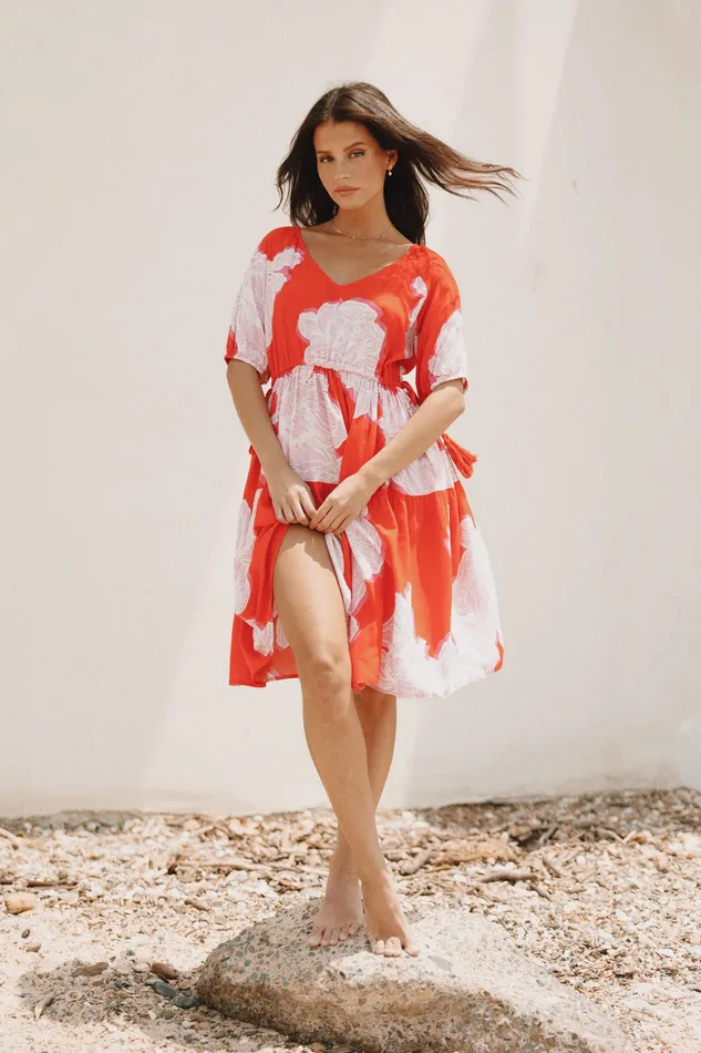 Syville Short Sleeve Mini Dress 8211 Red Pink Floral Red Pink Floral Dresses petalandpup Women