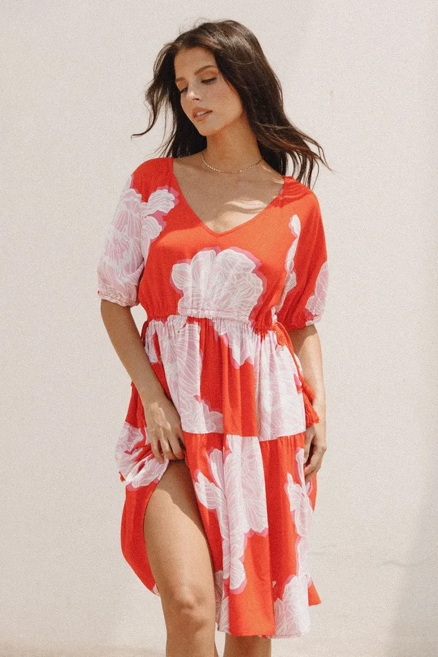 Syville Short Sleeve Mini Dress 8211 Red Pink Floral Red Pink Floral Dresses petalandpup Women
