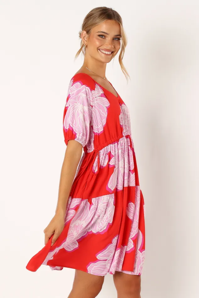 Syville Short Sleeve Mini Dress 8211 Red Pink Floral Red Pink Floral Dresses petalandpup Women