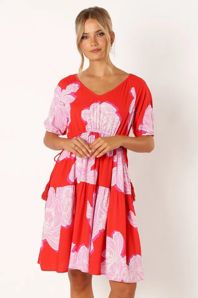 Syville Short Sleeve Mini Dress 8211 Red Pink Floral Red Pink Floral Dresses petalandpup Women