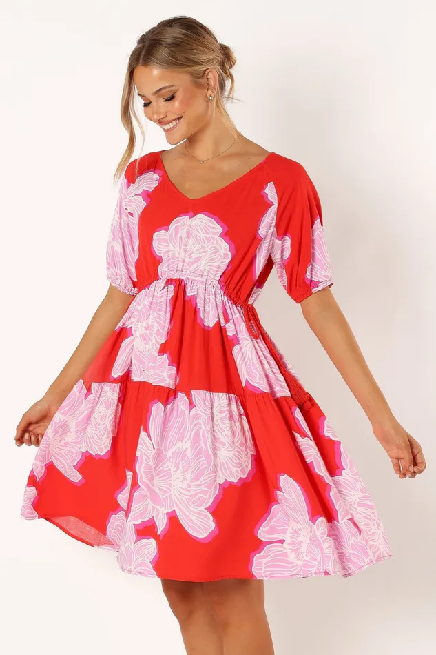 Syville Short Sleeve Mini Dress 8211 Red Pink Floral Red Pink Floral Dresses petalandpup Women