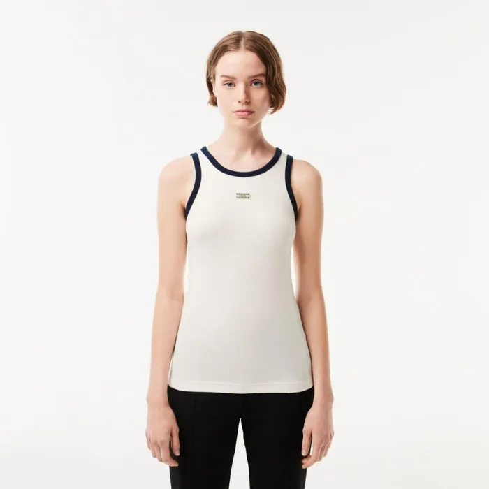 TShirts and Tops Women Lacoste Women039s Flowing Rib Knit Tennis Badge Tank White Navy Blue Ev0