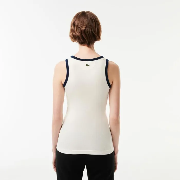 TShirts and Tops Women Lacoste Women039s Flowing Rib Knit Tennis Badge Tank White Navy Blue Ev0