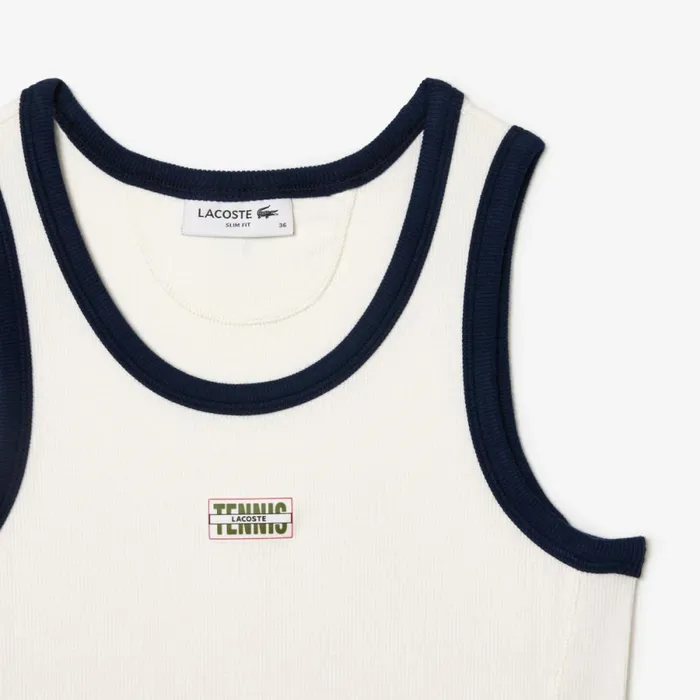 TShirts and Tops Women Lacoste Women039s Flowing Rib Knit Tennis Badge Tank White Navy Blue Ev0