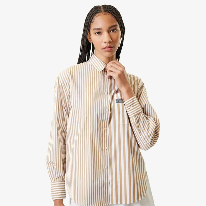 TShirts and Tops Women Lacoste Women039s Striped Cotton Poplin Shirt Beige White Iyj