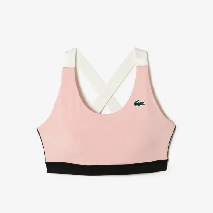 TShirts and Tops Women Lacoste Womens SPORT Cross Strap Sports Bra Pink Black White Yim