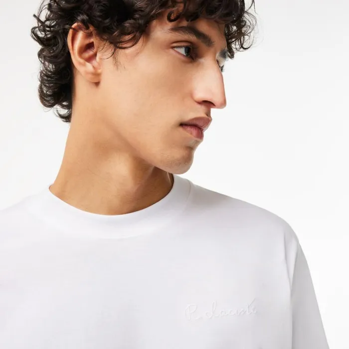 TShirts Men Lacoste Men039s Loose Fit Heavy Cotton Embroidered TShirt White 001